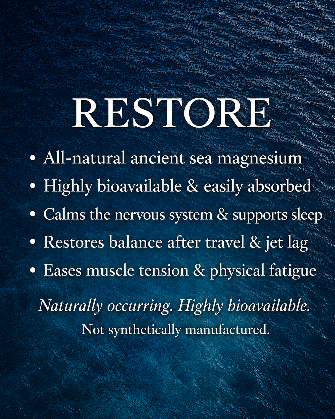 Text about 'RESTORE' product on a blue ocean background