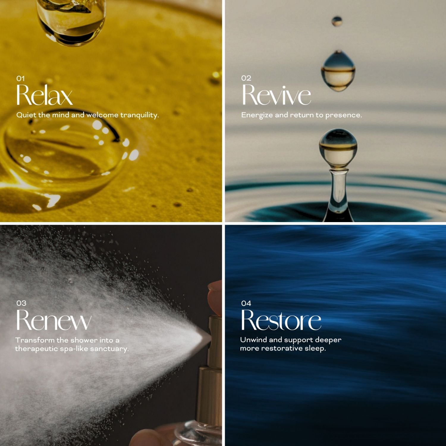 A four-panel collage showing spa-themed shower oil and spray imagery with text labels: Relax, Revive, Renew, and Restore. The top-left panel shows golden oil droplets in yellow; the top-right shows water droplets over a calm gray-blue surface; the bottom-left shows a spray mist; the bottom-right shows deep blue water.