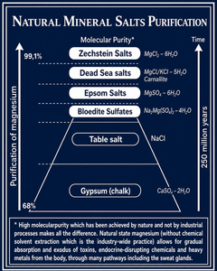 Diagram of natural mineral salts purification with labels and time scale on a blue background.