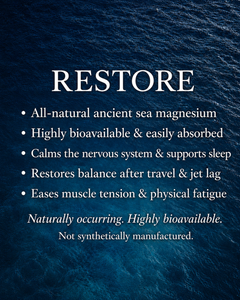 Text about 'RESTORE' product on a blue ocean background